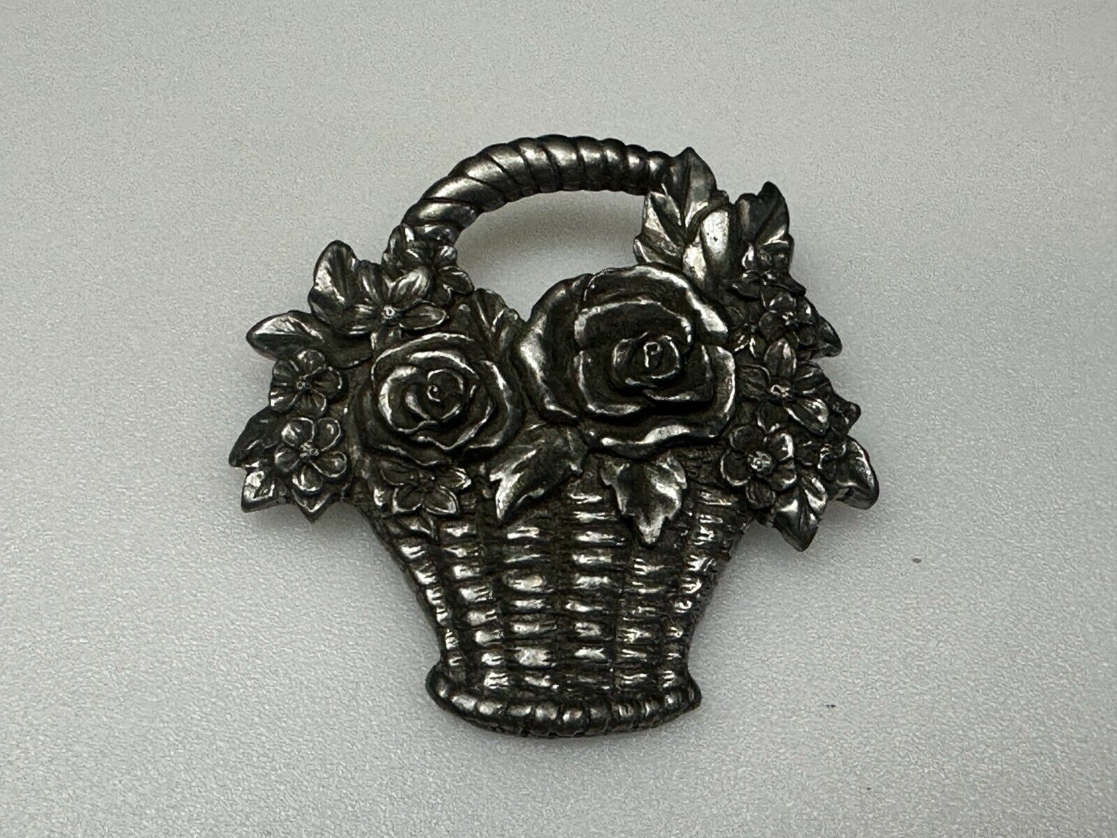 Vintage 1980's Flower Basket Floral Pewter Brooch Pin Signed Seagull Canada