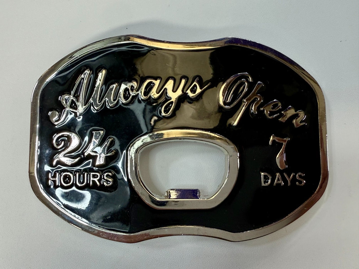 Always Open 24 Hours 7 Days Novelty Statement NOS Belt Buckle & Bottle Opener