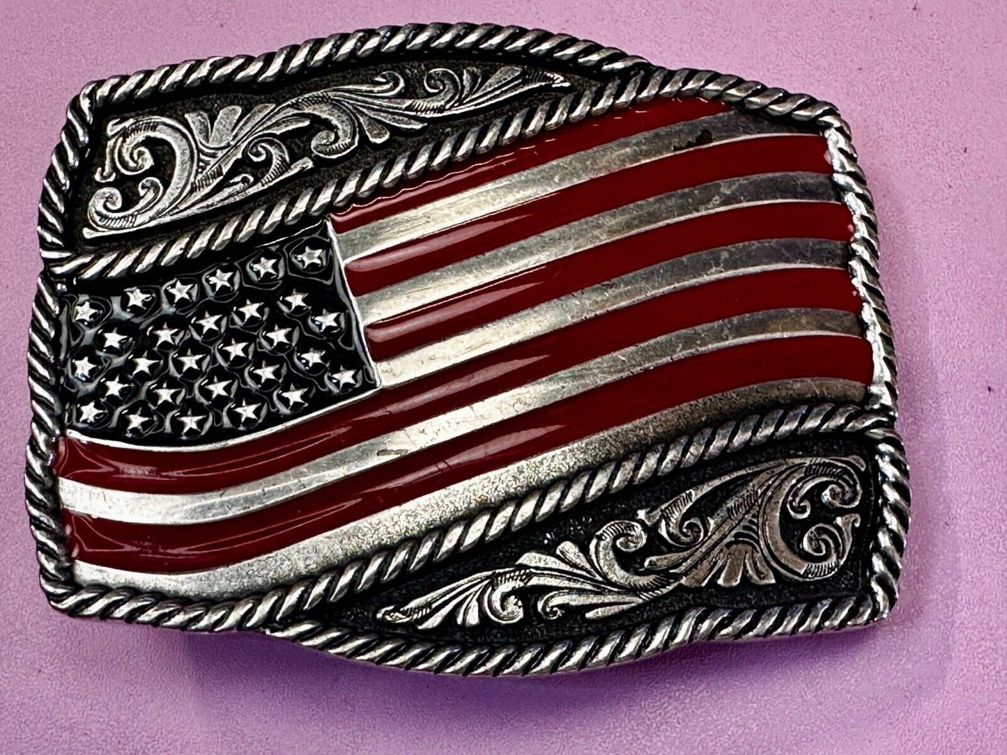 Patriotic American Flag USA Flower Swirl Western Belt Buckle Montana Silversmith