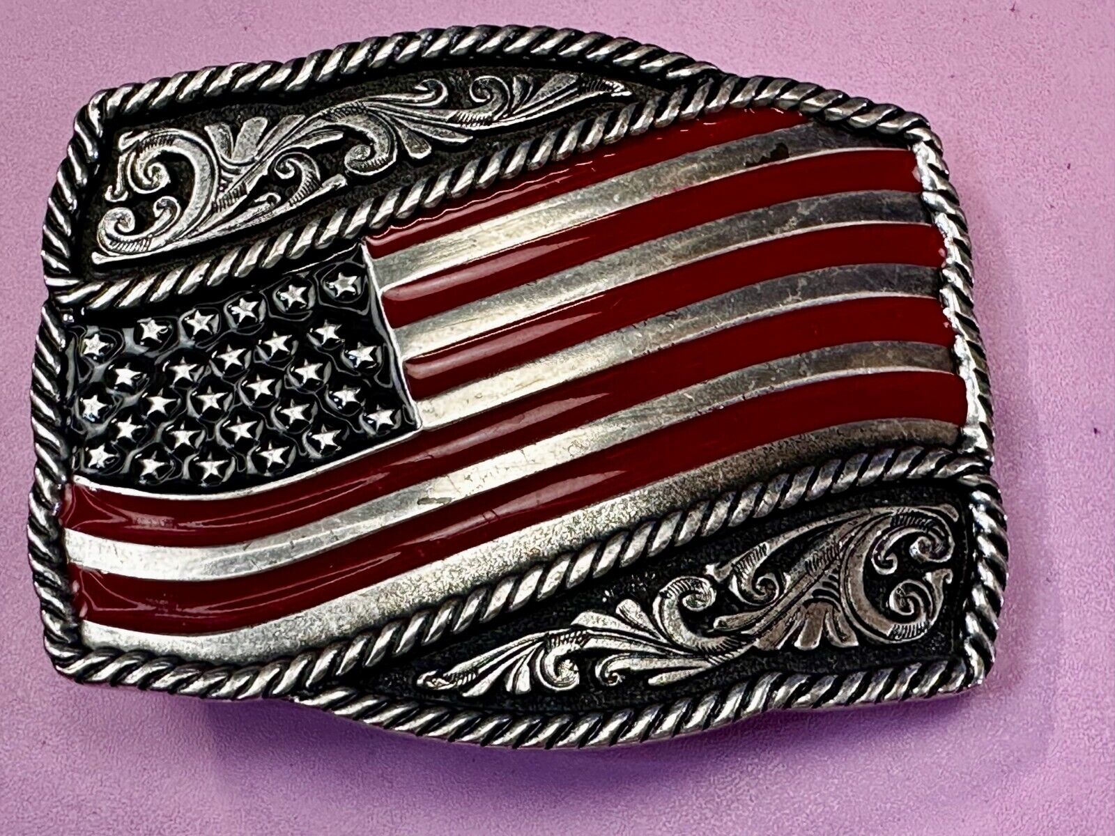 Patriotic American Flag USA Flower Swirl Western Belt Buckle Montana Silversmith