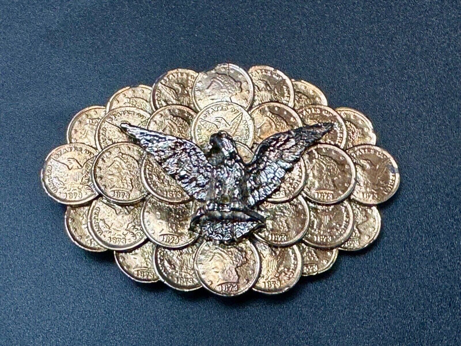 American Eagle wings wide over cluster of Indian Head Coins belt buckle