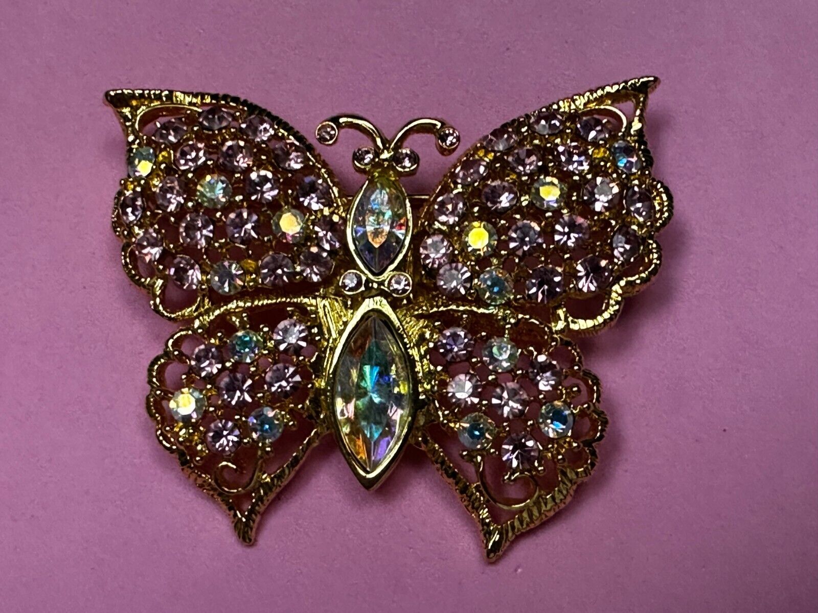 Aurora Borealis Butterfly Jeweled Insect Figural Brooch Pin Signed By Graziano