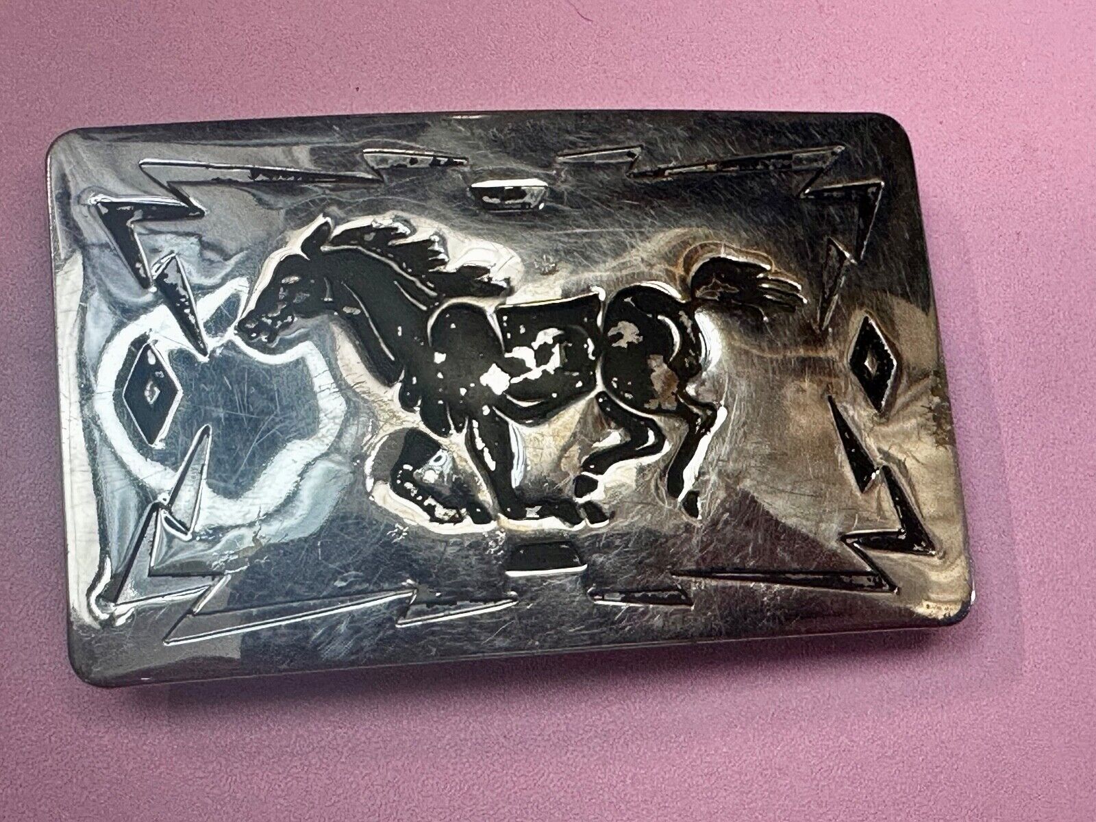 Vintage Chambers Horse Running Mustang nickel silver USA made Belt Buckle