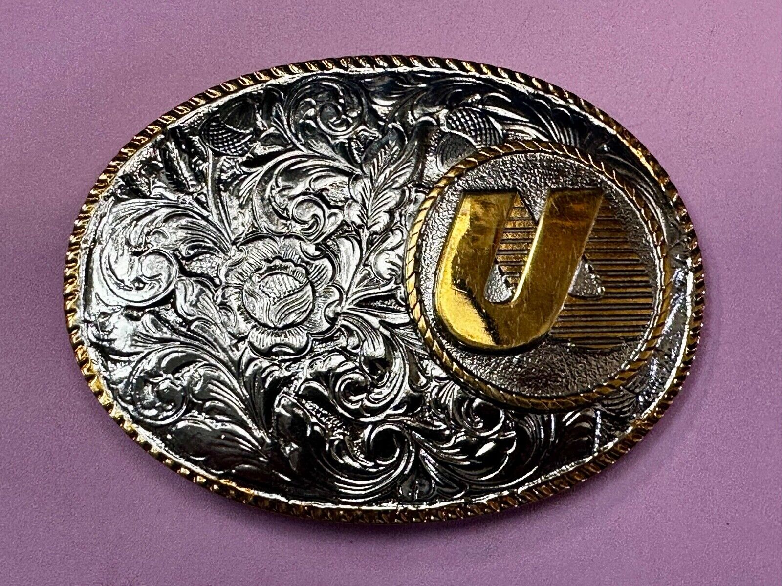UA Company Logo Floral Flower Design Gold & Silver Tone Vintage Belt Buckle