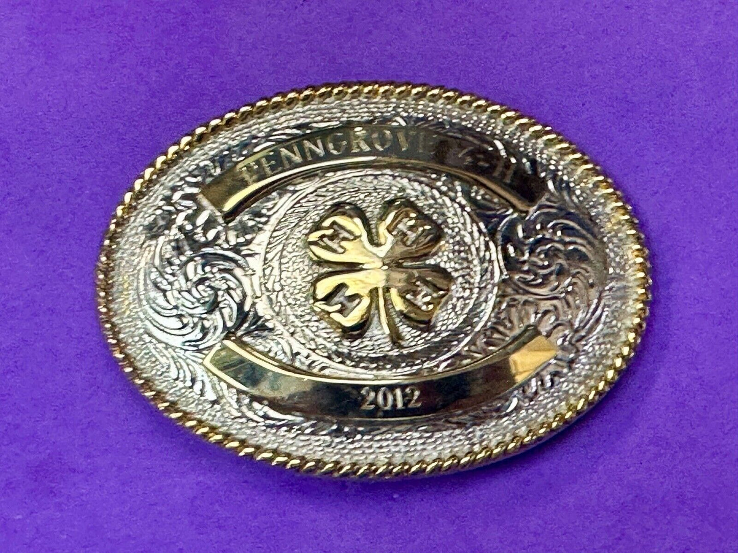 4h emblem logo  Engraved trophy style 2012 western two tone belt buckle