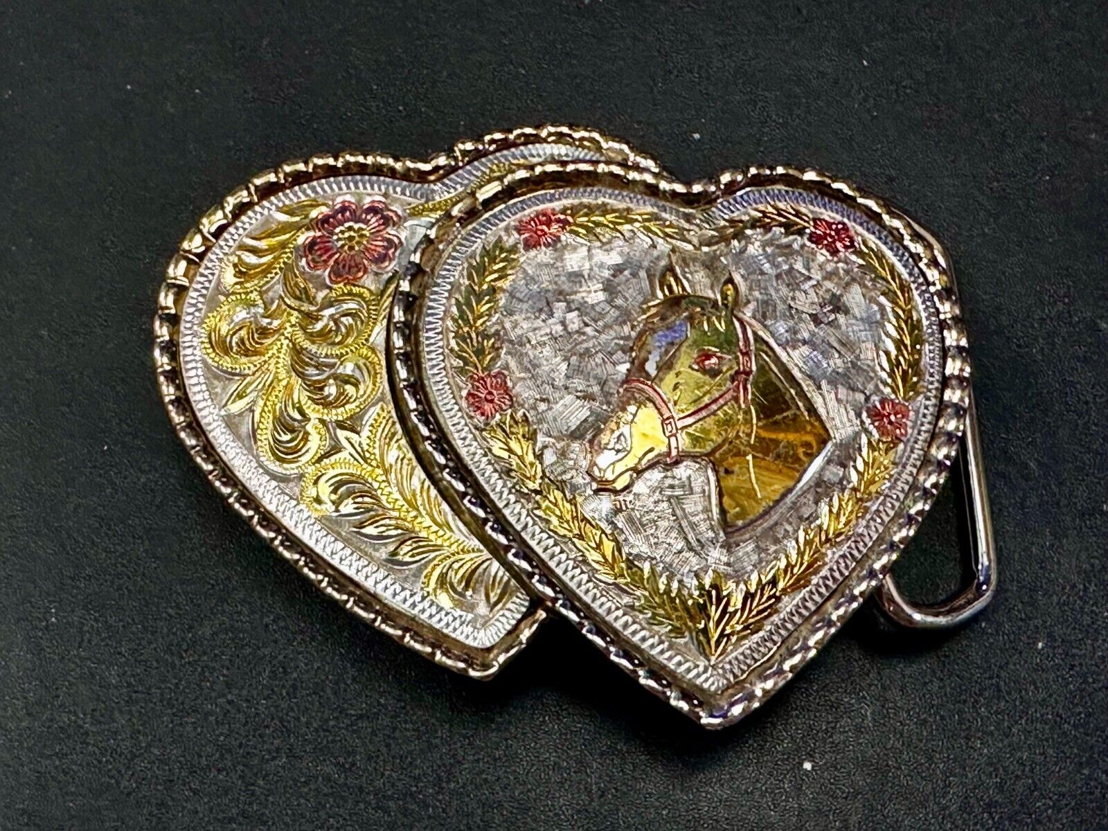 Twin Dual Hearts Horse Head Flower Swirl FloralWestern Belt Buckle W USA