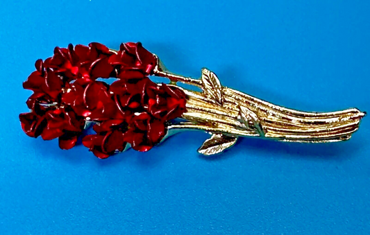 Valentines Day Gift? Red Roses Bouquet Gold Tone Brooch Pin Vintage Signed DM 97