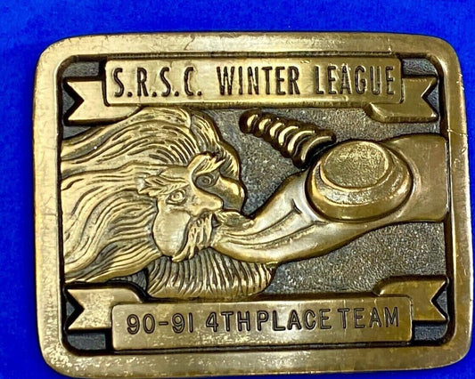 Vintage 1990 Trophy Belt Buckle  Srsc Winter League Sports Teams Old Man Winter 
