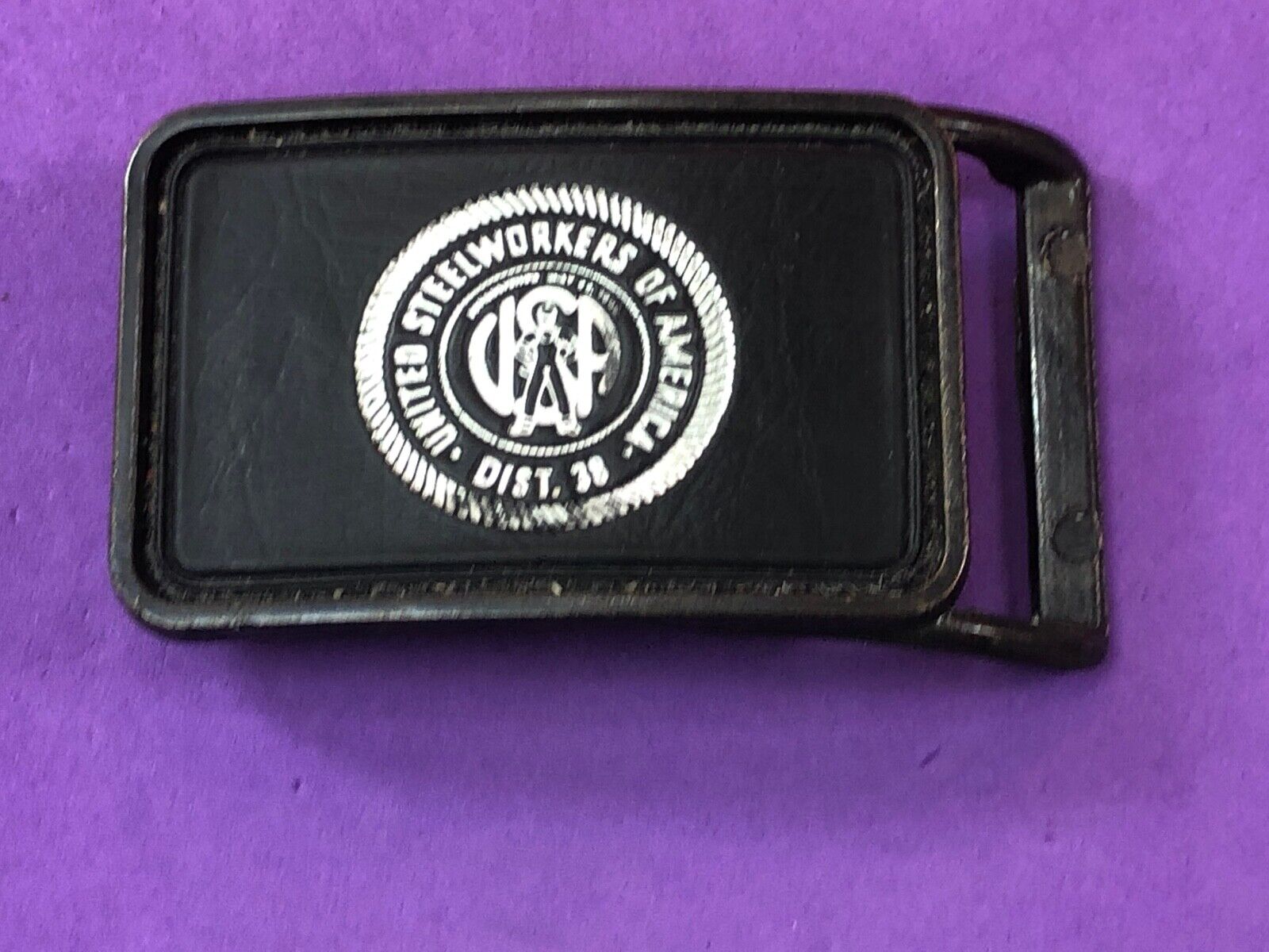 Vintage Leather backed Belt Buckle United Steelworkes of America Dist 38 