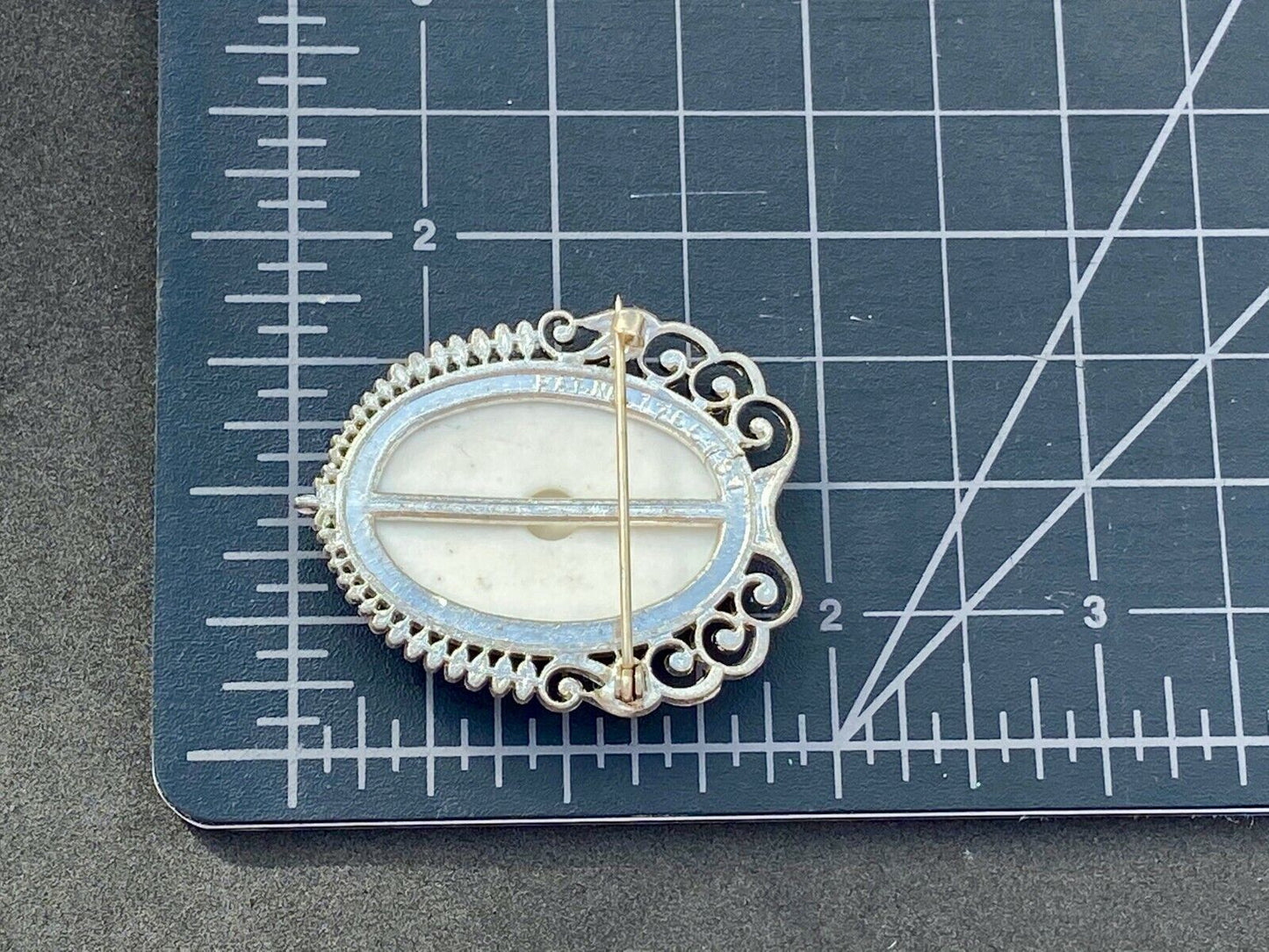Victorian Courting Couple - Porcelain Painting Silver Tone Cab Oval Brooch Pin