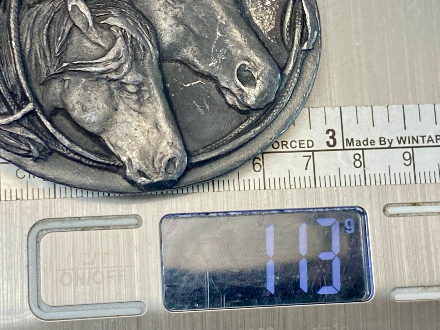 Two Horse Heads western 3" wide belt buckle - Key Makers Mark / Hallmark