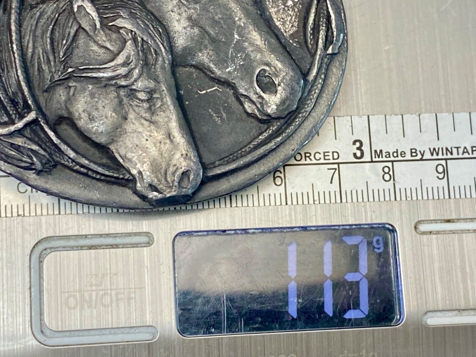 Two Horse Heads western 3" wide belt buckle - Key Makers Mark / Hallmark