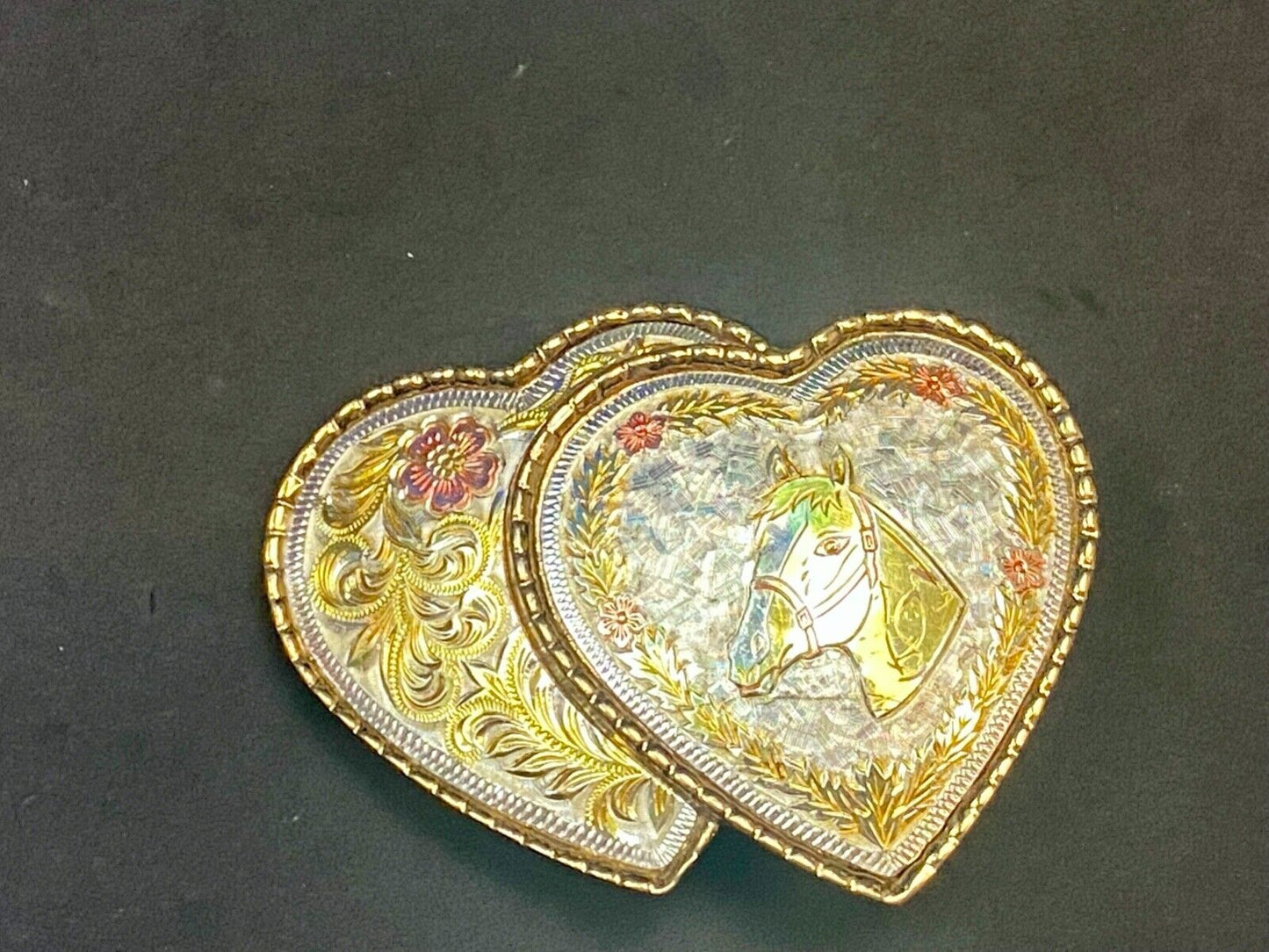 Two Hearts - Horse Head & Ornate Flower Swirl Cut Out Etched Belt Buckle - W