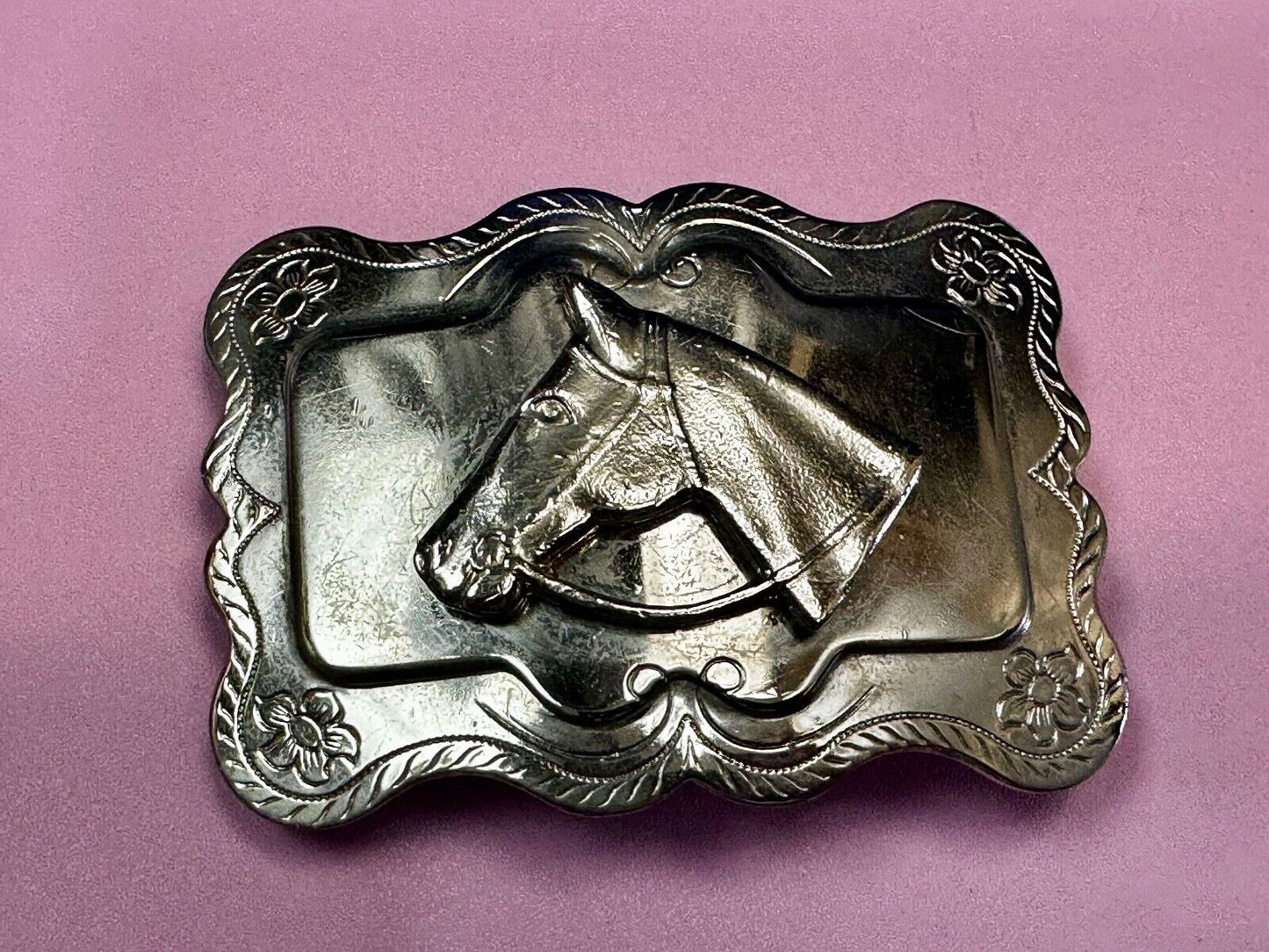 Vintage Horse Head Bust silver tone Floral Engraved Belt Buckle