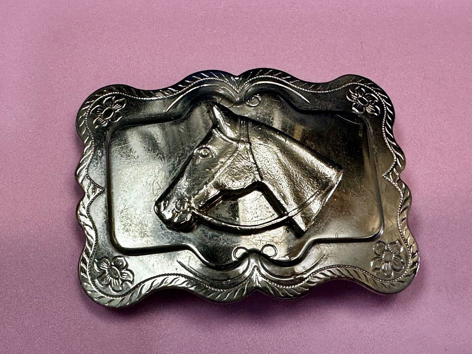Vintage Horse Head Bust silver tone Floral Engraved Belt Buckle