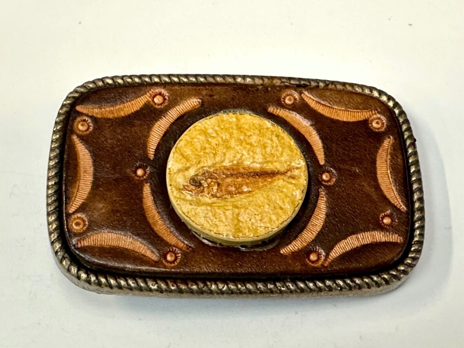 Unique artisan FISH drawing as centerpiece belt buckle - faux? leather backing