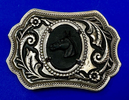Black Horse Head Cabochon Cab Shaped Centerpiece on Western Belt Buckle