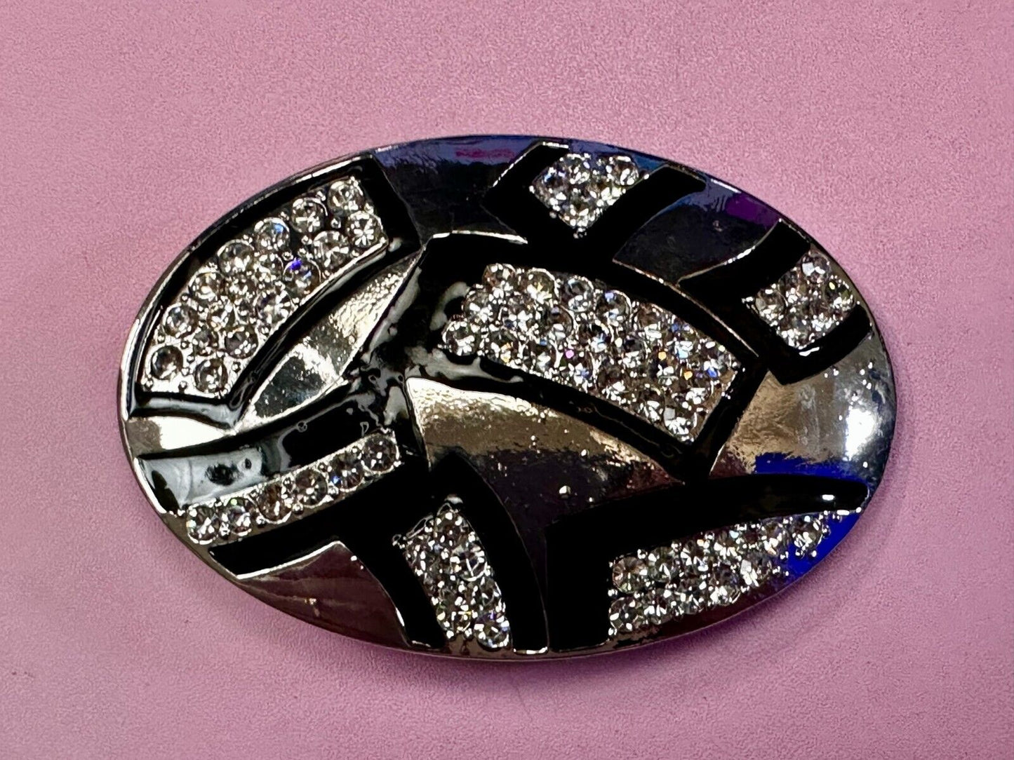 Unique Rhinestone Accented Black & Silver Tone Women's Oval Belt Buckle