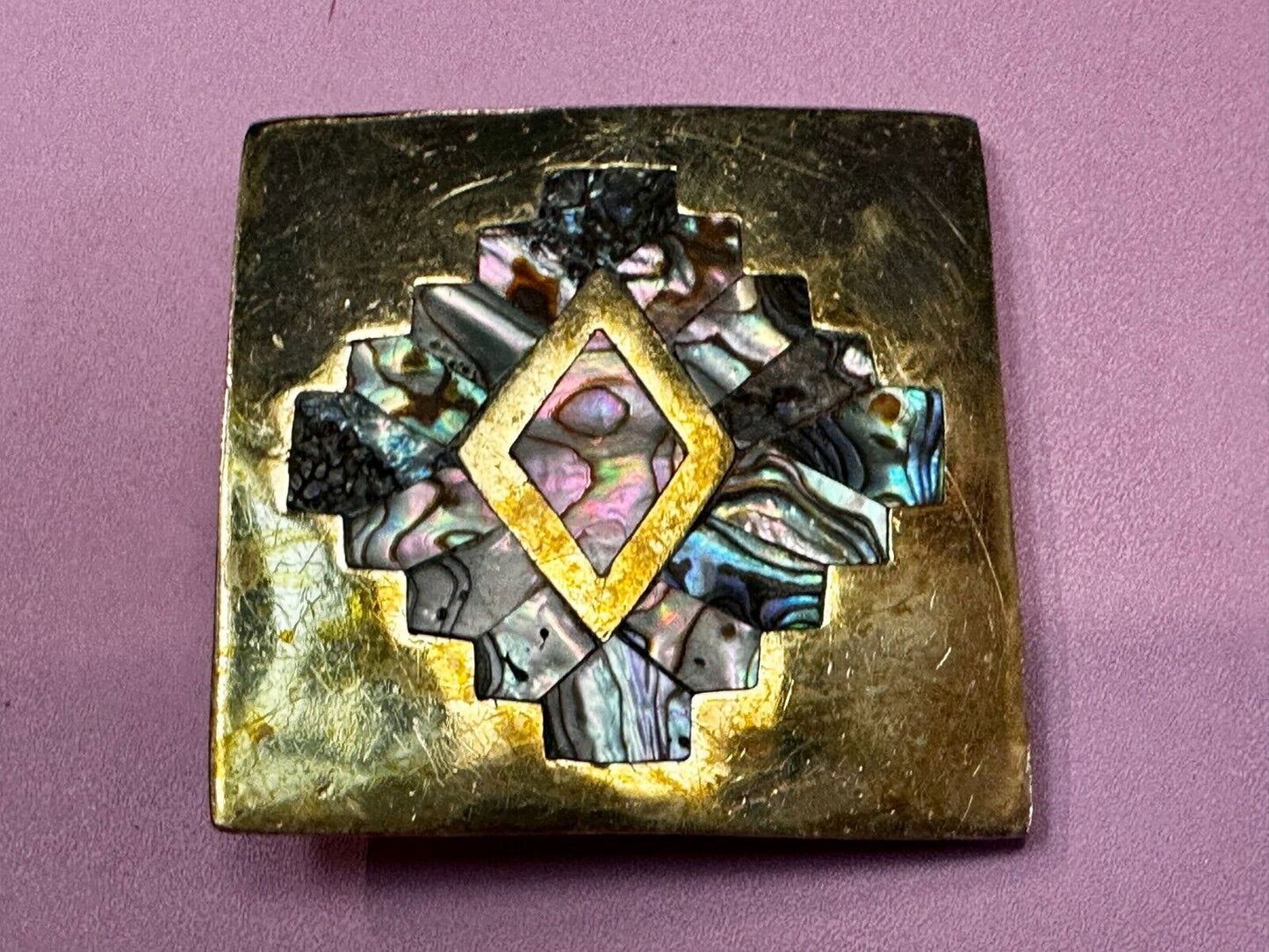 Vintage Inlaid Abalone Shell Into Solid Brass Hippy Vibe Alpaca? Belt Buckle