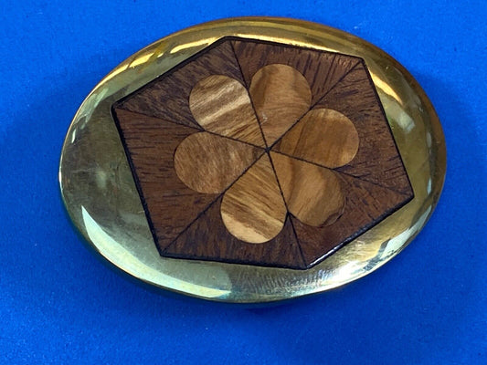 Vintage Brass With Wood Inlaid Mixed Flower Design Belt Buckle 