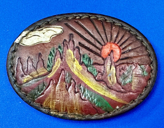 Beautiful Nature Scenery on Vintage Brown Leather Oval Belt Buckle