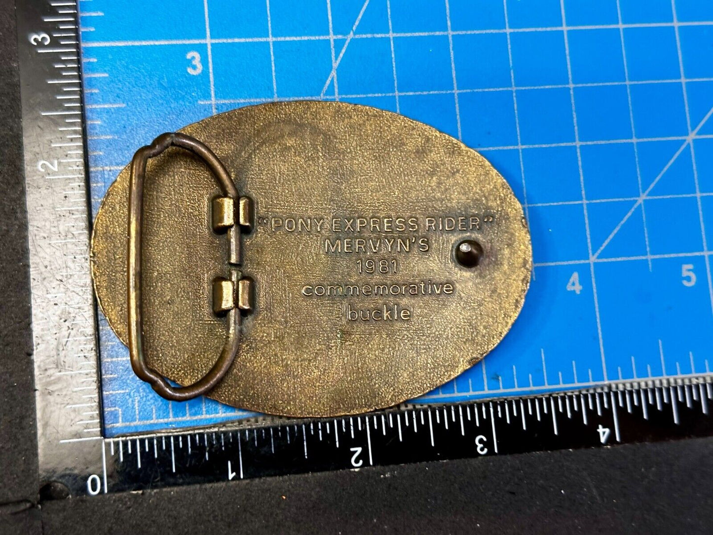 Vintage 1981 Pony Express Rider Mervyn's Commemorative Brass Tone Belt Buckle