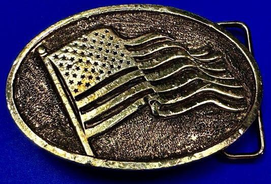 American Flag Patriotic Gold Tone Vintage Oval Belt Buckle by Adezy