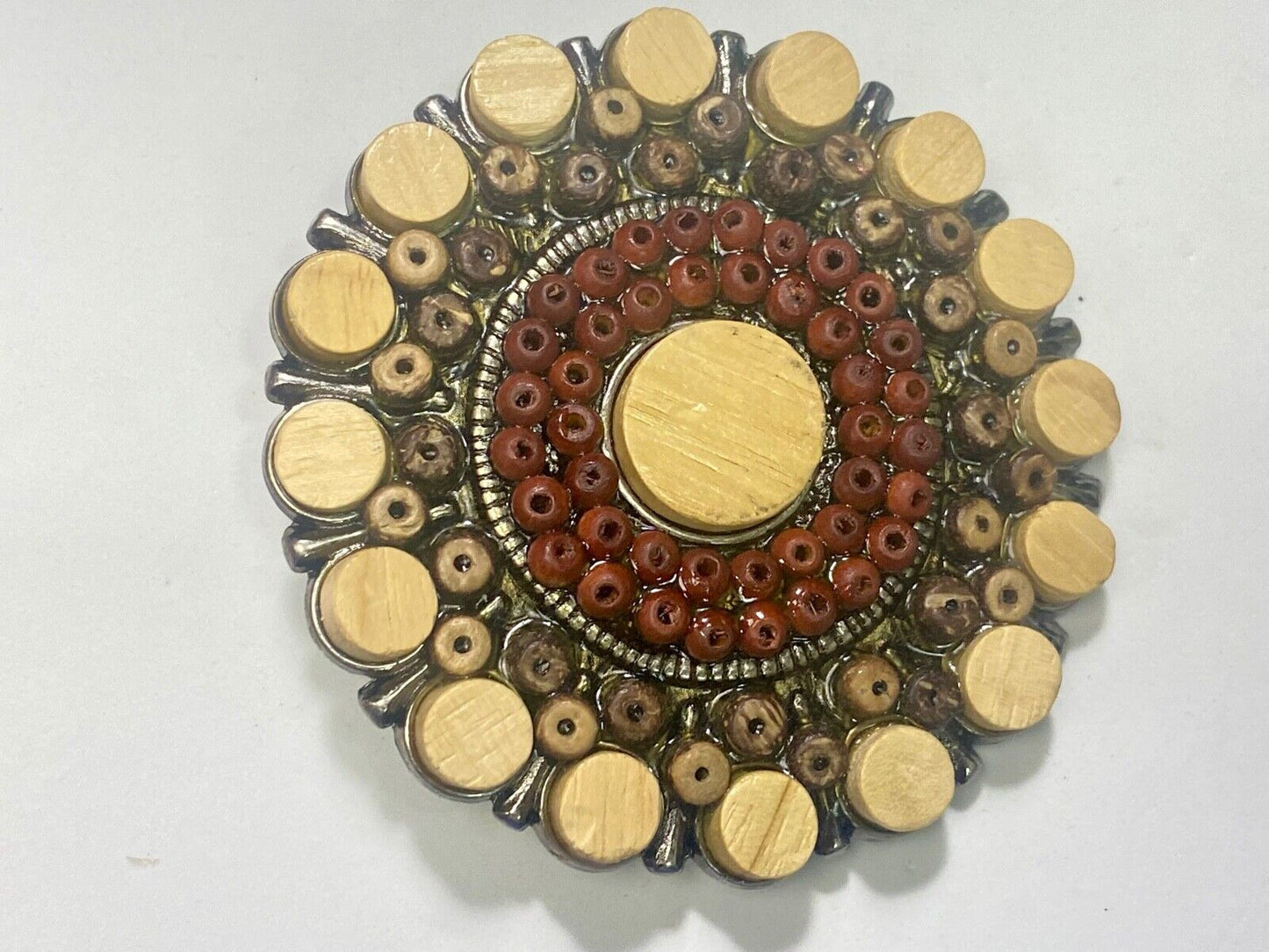Unique Faux Wood Beads In Circular Pattern Cut Out Belt Buckle 