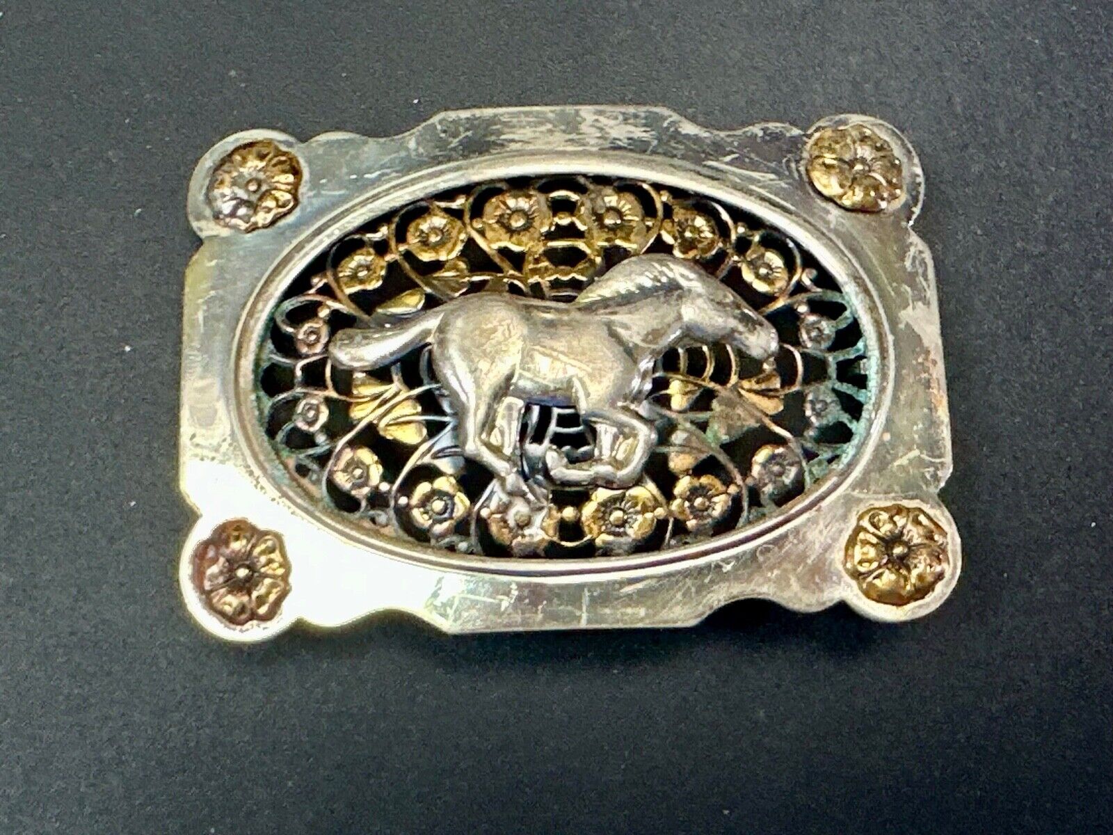Unique Running Horse in ornate cutout see through vintage two tone belt buckle