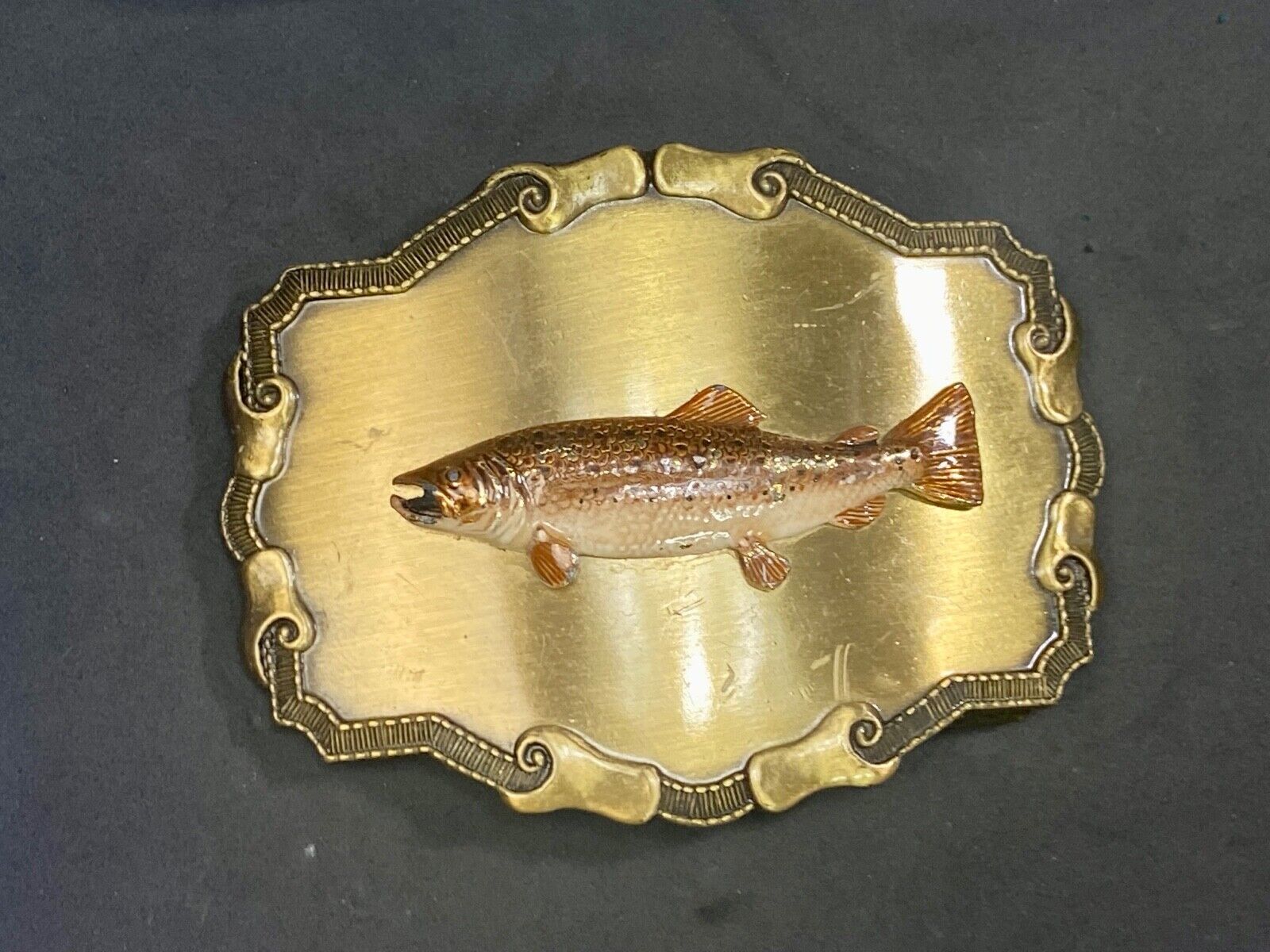 Vintage 1970'S Western Framed Trout Fish Fishing Rraintree Belt Buckle 