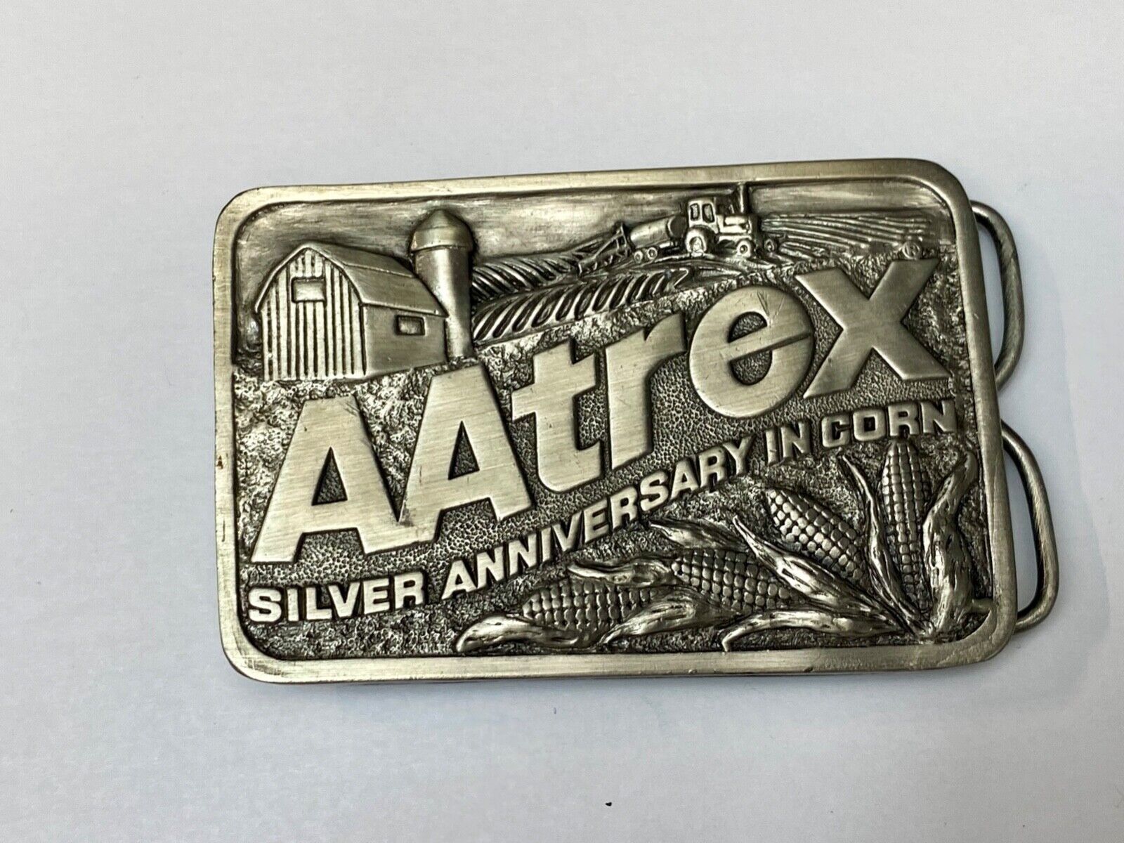 AAtrex Silver Anniversary Farm Tractor Barn Corn Farmer Belt Buckle