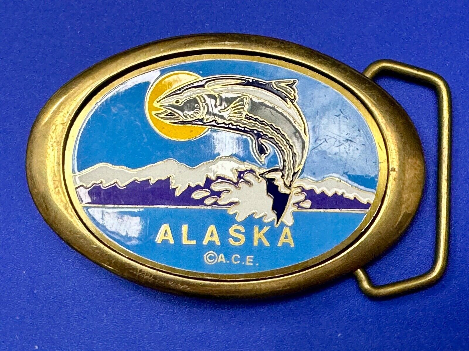 Alaska A.C.E. Jumping Fish - Vintage Solid Brass oval Belt Buckle  QB-101