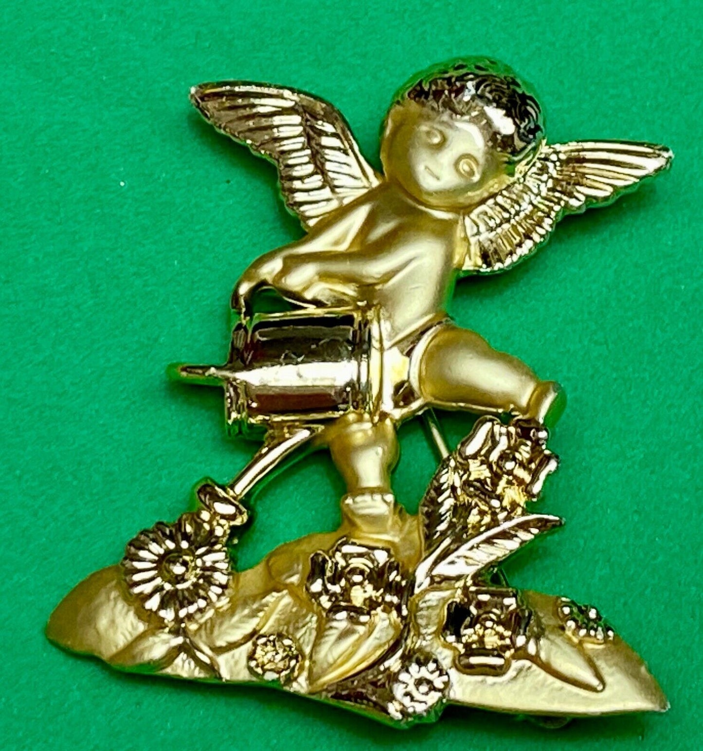 Angle Watering Flower Garden Plants Cupid Brooch Pin Signed AJC 