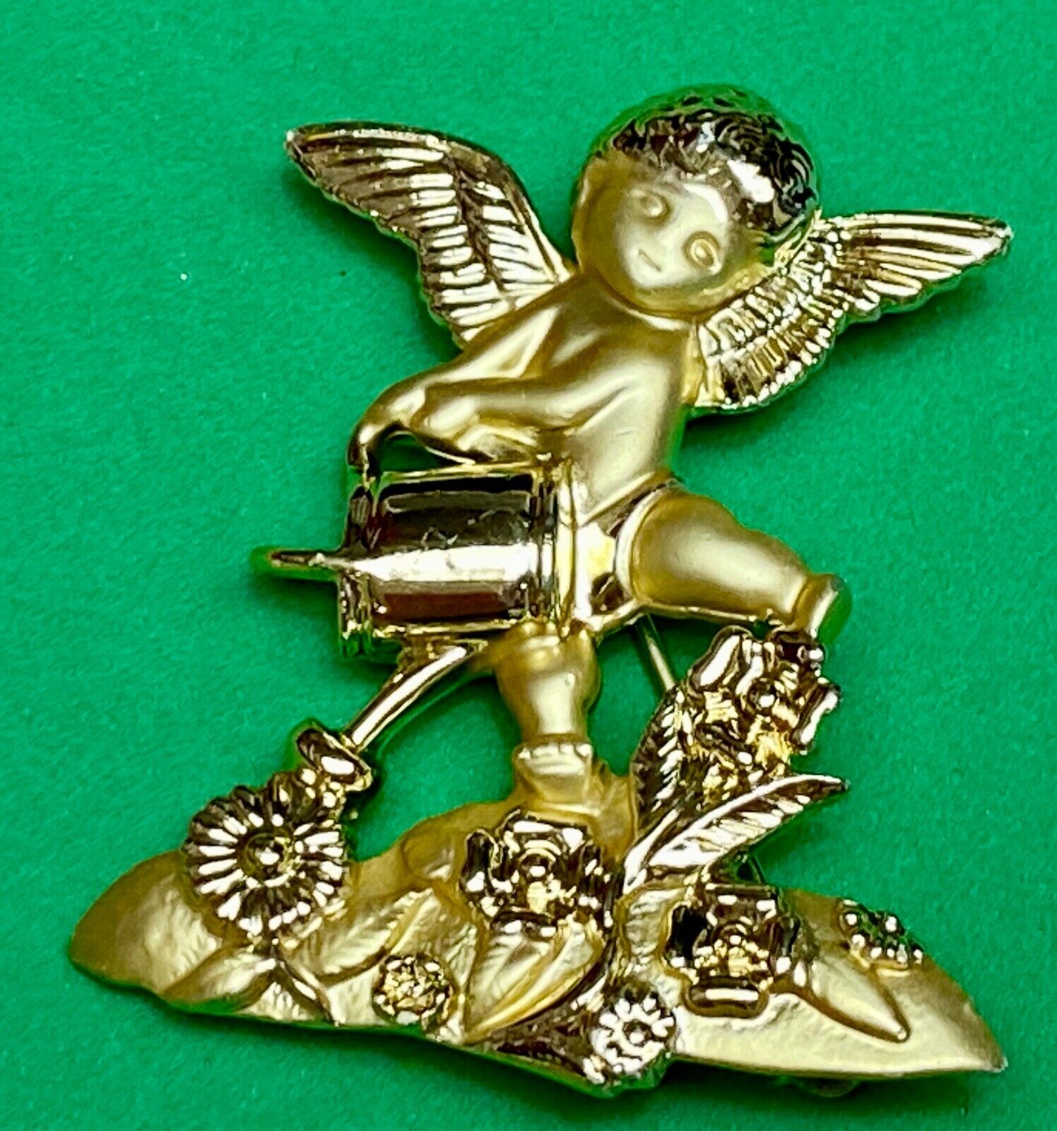 Angle Watering Flower Garden Plants Cupid Brooch Pin Signed AJC 
