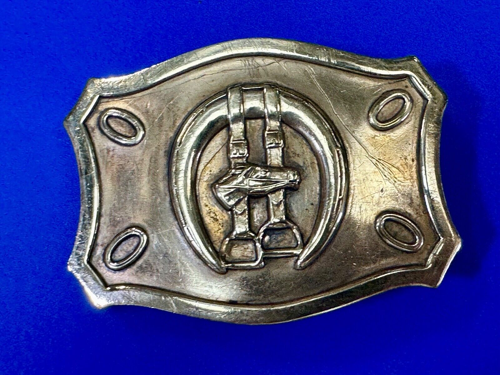 Vintage horse, head &  stirrups western lucky horseshoe belt buckle