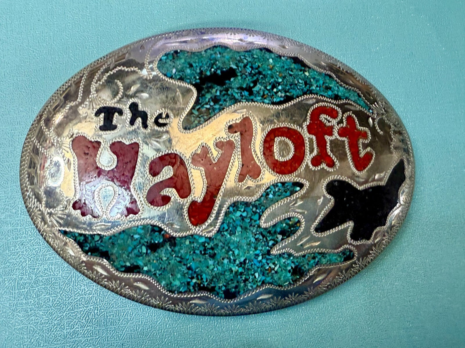The Hayloft Large Turquoise Inlaid Champion's Choice Silver Belt Buckle CCS&S