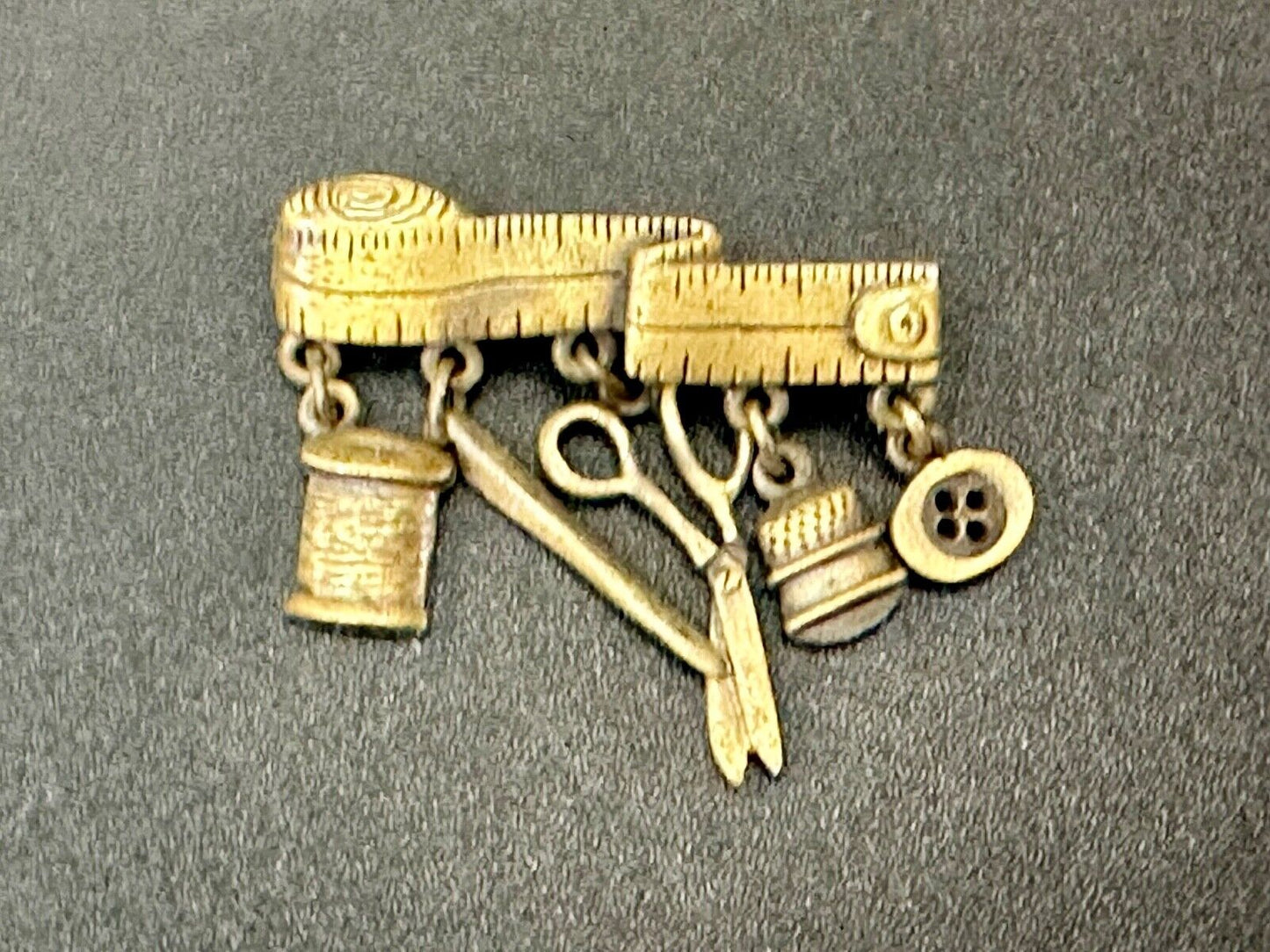 Sewing needle thread dangle charms JJ Signed vintage pewter brooch pin