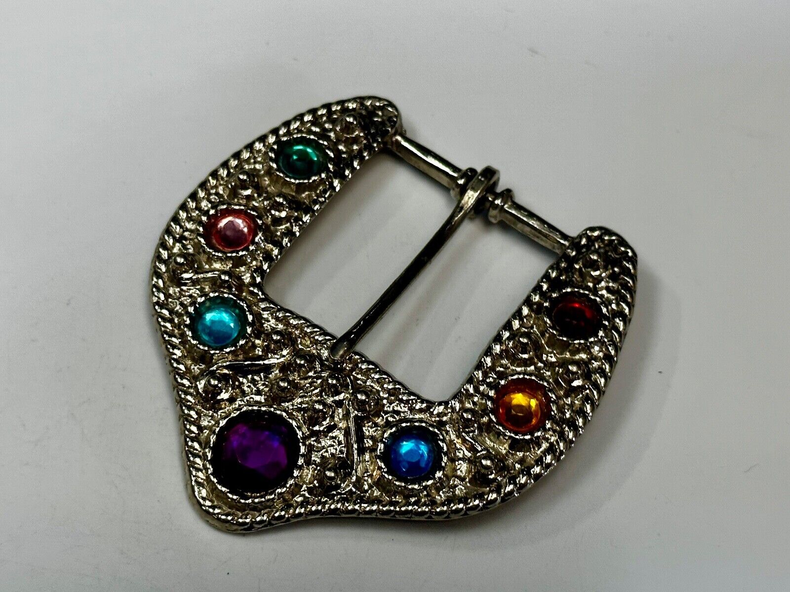 Unique Silver tone Replacement Belt Buckle w/ multi colored Rhinestone accents
