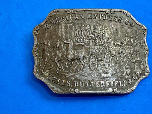 vintage american express wells butterfield belt buckle horses buggy - signed 