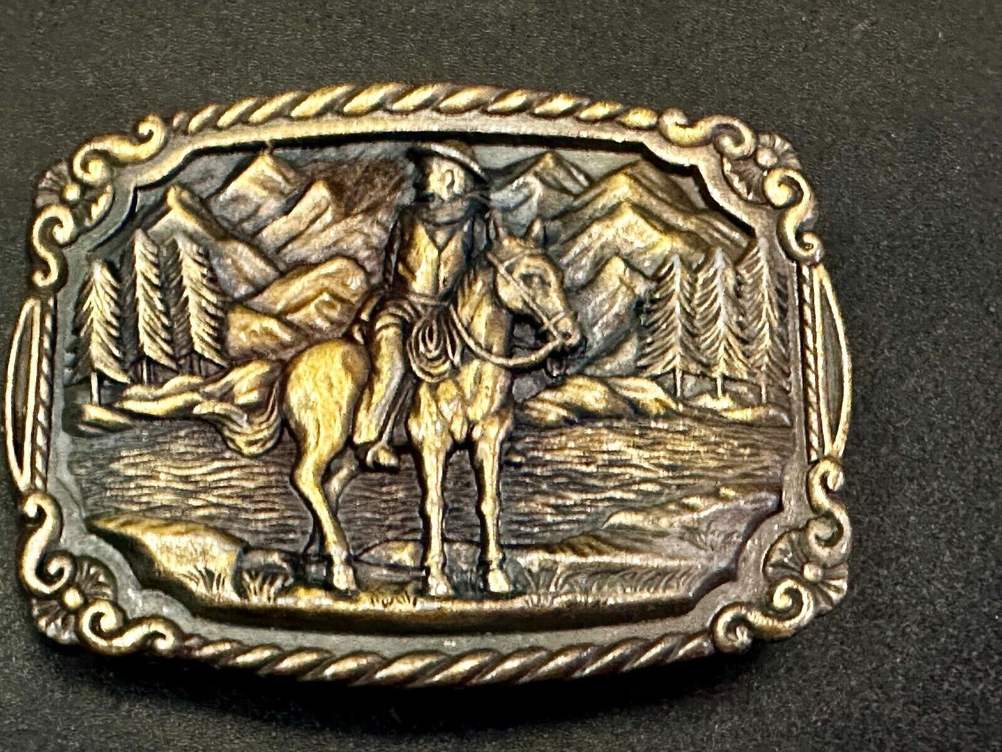 Tall In The Saddle Western Cowboy Leading Wagon Train Vintage ART Belt Buckle