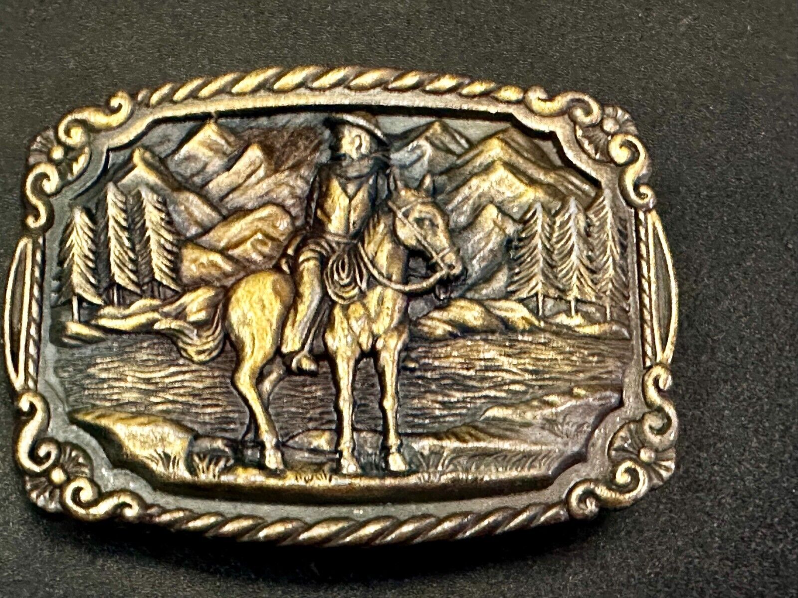 Tall In The Saddle Western Cowboy Leading Wagon Train Vintage ART Belt Buckle
