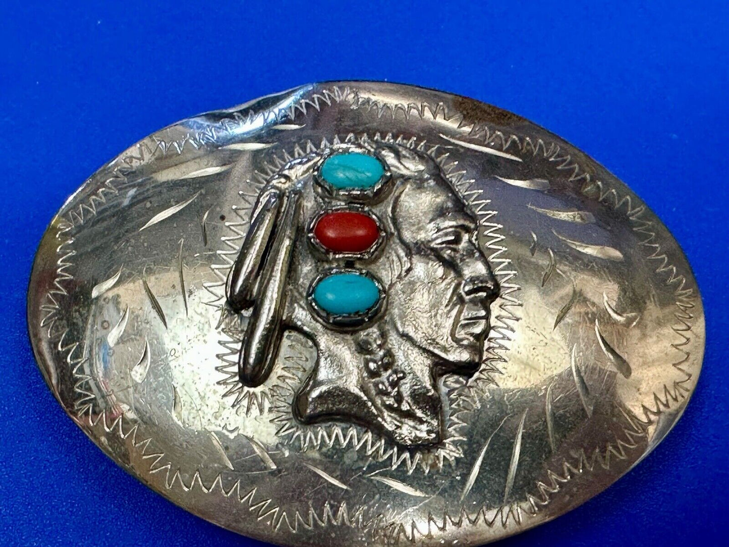 Artisan Native American Indian Bust Belt Buckle  Faux Turquoise & coral accents