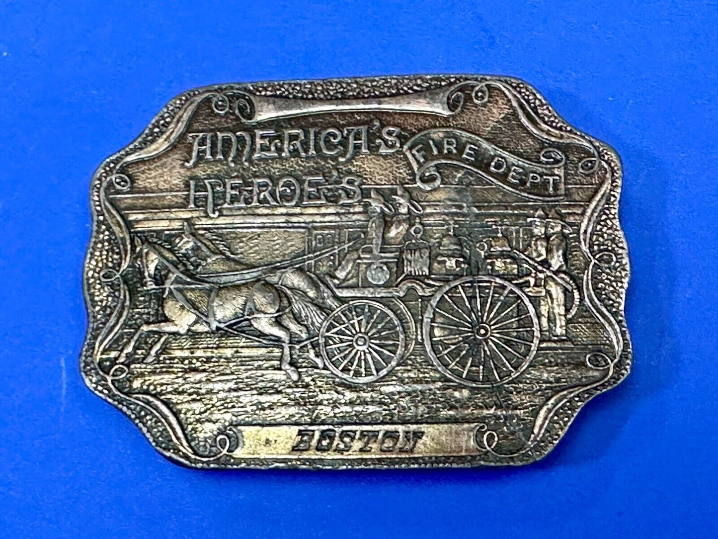 America's Heroes Fire Dept Boston Brass Tone Belt Buckle Horse Wagon