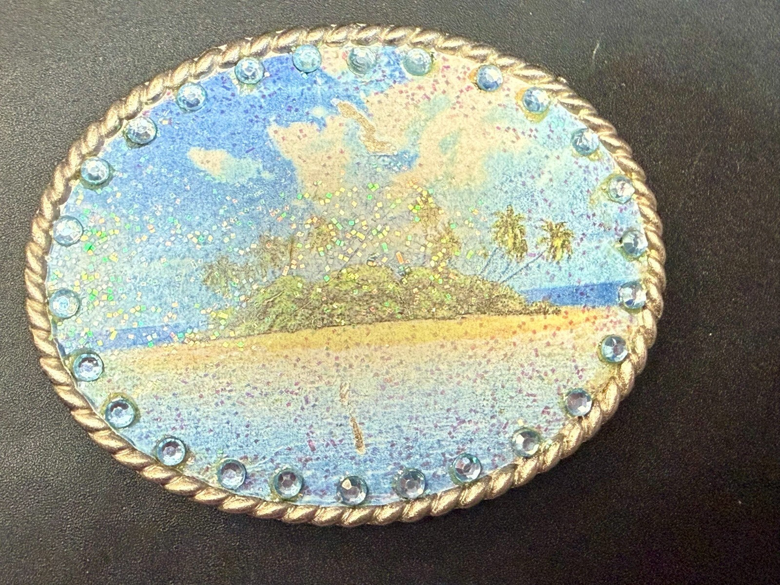 Tropical Island Paradise Picture Vintage Rhinestone Border Oval Belt Buckle