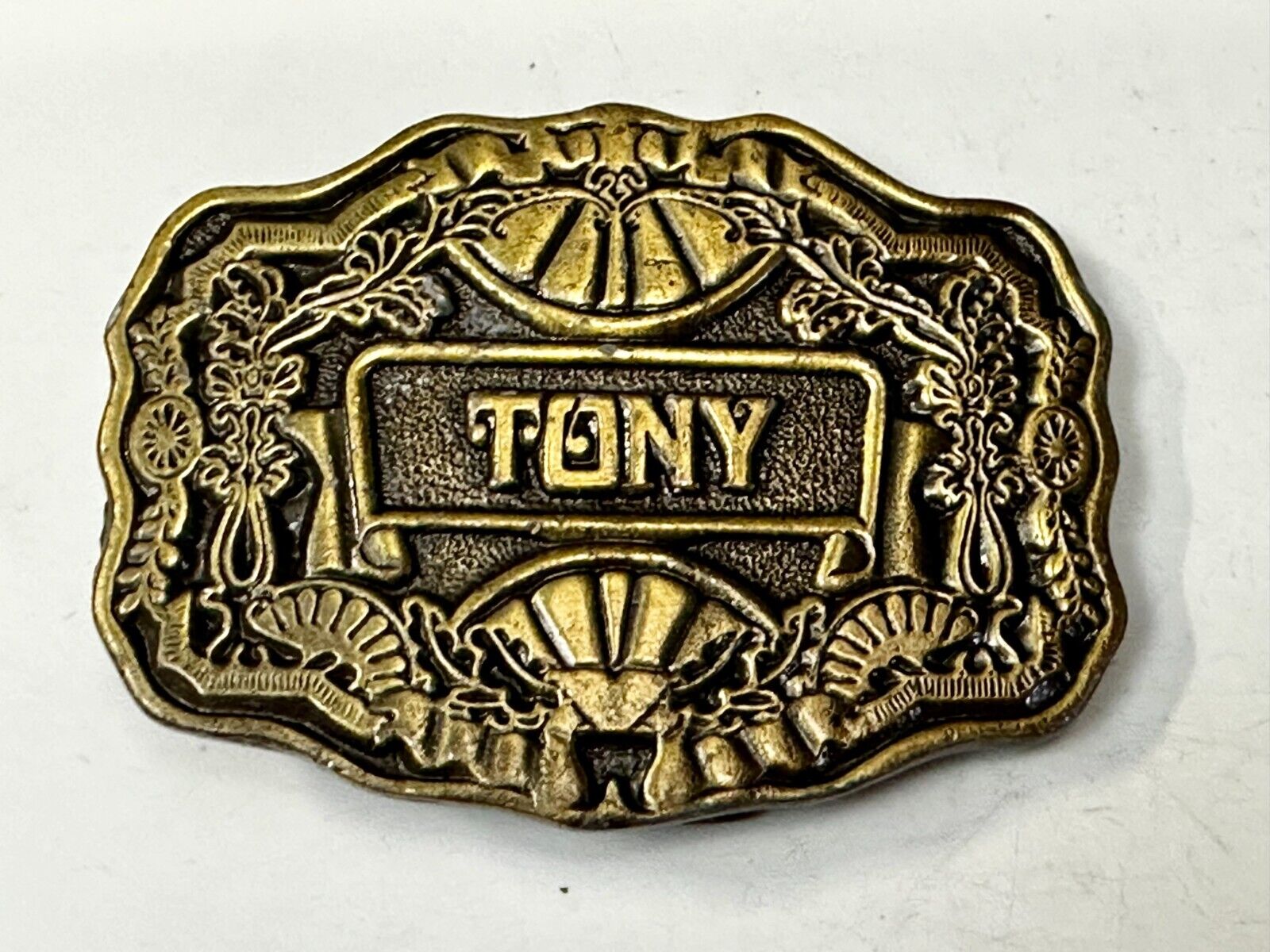 Tony Custom Name Western Framed  Flower Swirl Belt Buckle by ODEN Inc.