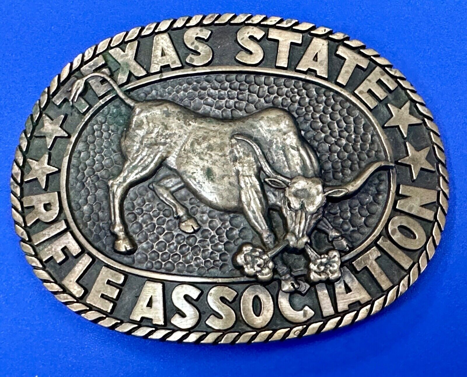 Texas State Rifle Association Charging longhorn Hunting Norman Co. belt buckle