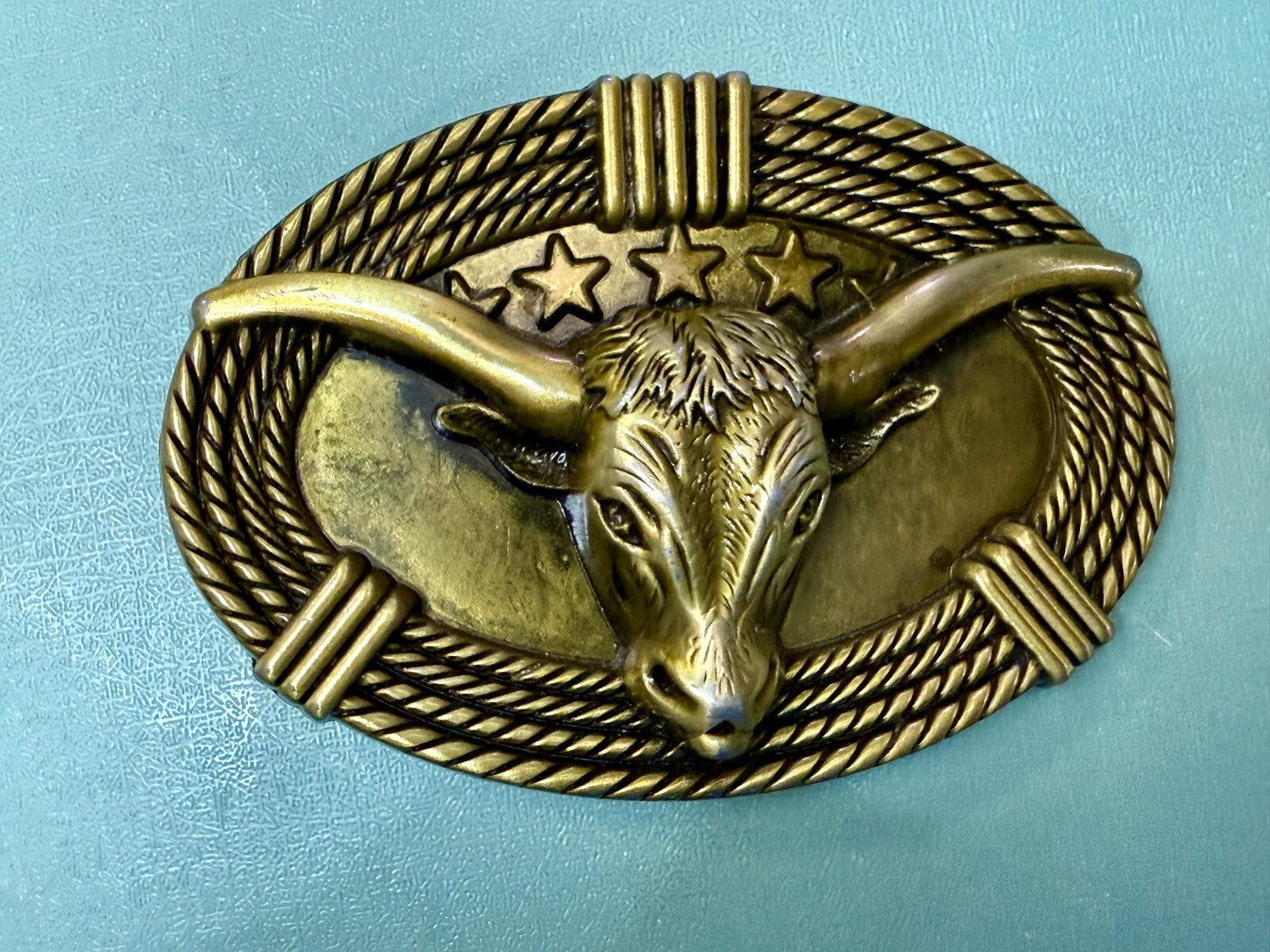 3D Longhorn Bull Head with Stars Rope Border Western Rodeo Cowboy Belt Buckle