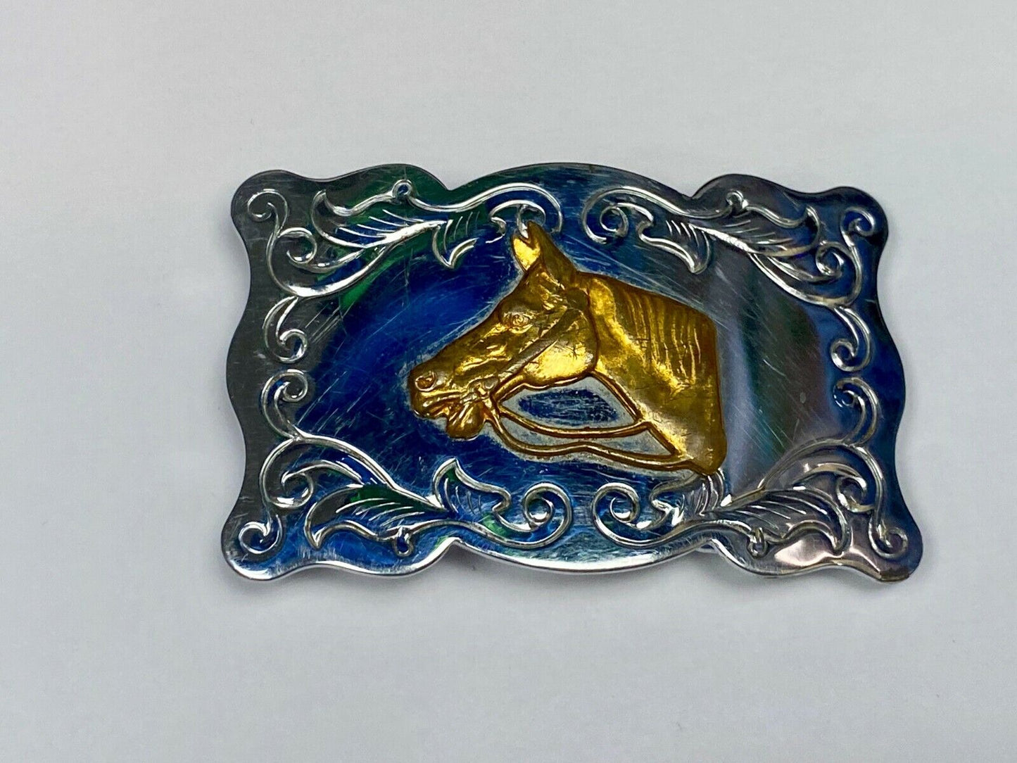 Two Tone Ornate Boarder Horse Head Western Rodeo Cowgirl Cowboys Belt Buckle
