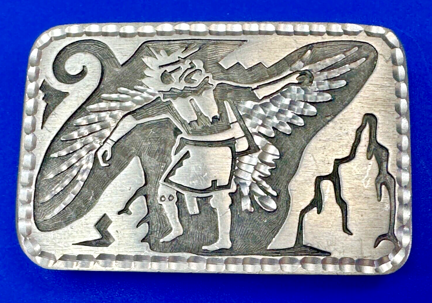 Unique Carving Ancient Mayan God Man Wings etched pewter vintage belt buckle
