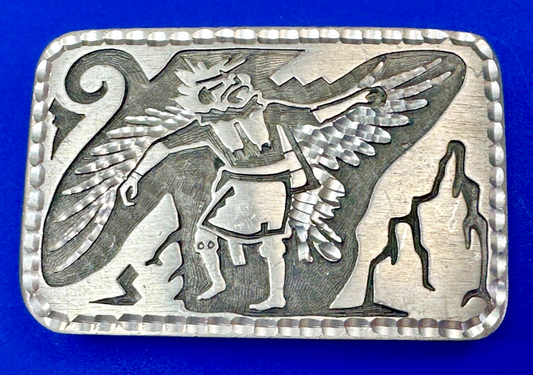 Unique Carving Ancient Mayan God Man Wings etched pewter vintage belt buckle